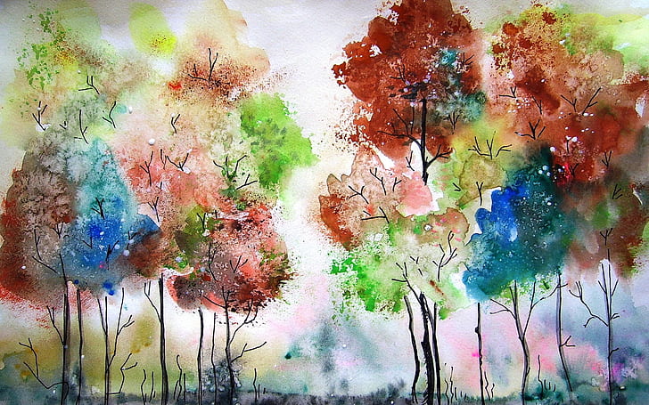 Watercolour Trees, colors, watercolor, Watercolor painting, painting Free HD Wallpaper