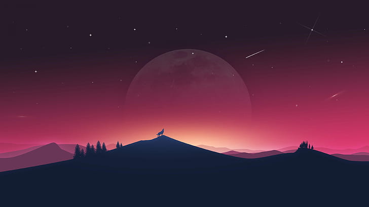 White Wolf Howling Moon Under, dusk, nature, simple background, starry night Free HD Wallpaper