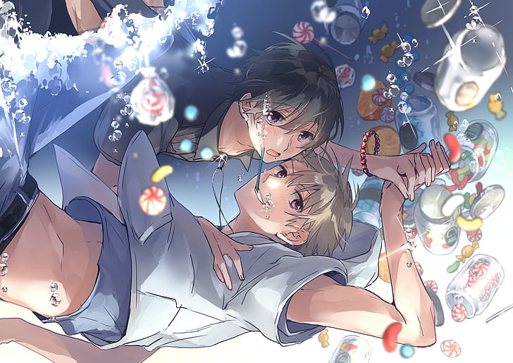 Anime Boy Lying Down, yaoi, anime, blush, fruit