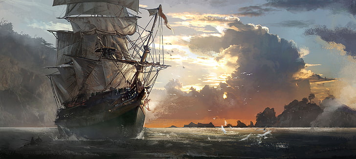 Assassin's Creed Pirate Ship, sky, sailboat, cloud  sky, power in nature