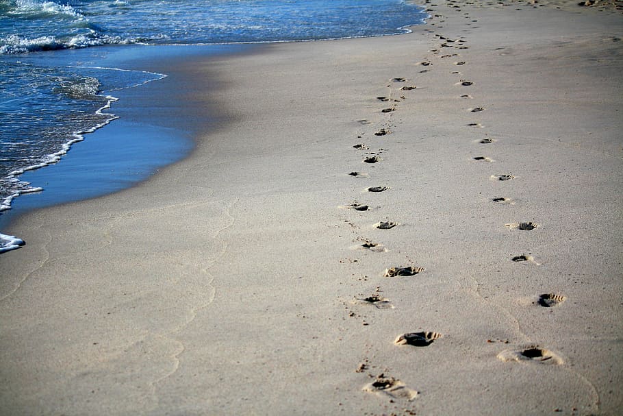 Beautiful Beach Footprints, coastline, land, sand beach, high angle view Free HD Wallpaper