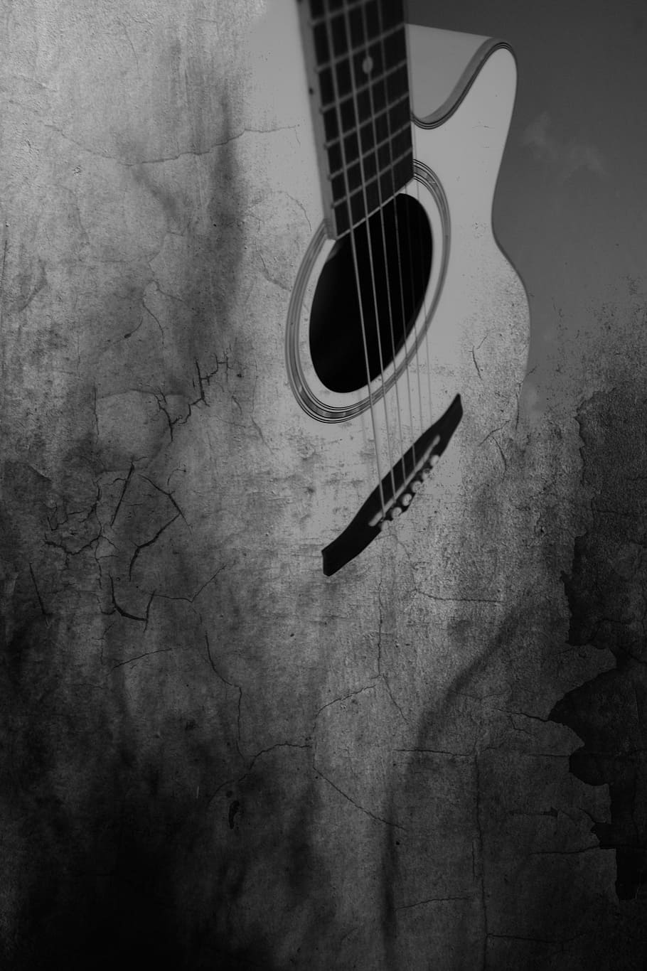 Black and White Acoustic Guitar, guitar, sheet music, no people, surreal