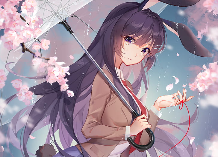 Bunny Girl Senpai Phone, mai sakurajima, anime, umbrella, cherry blossom Free HD Wallpaper