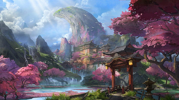 Cherry Blossom Forest, chinese architecture, river, mountains, fantasy art