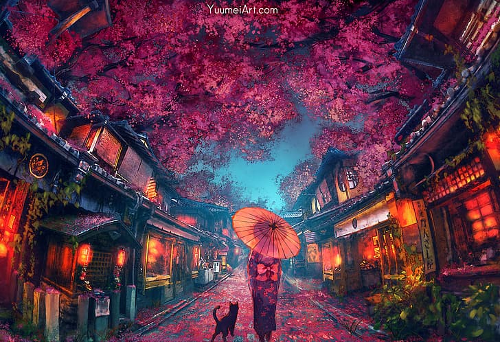 cherry blossom, street, night, animals