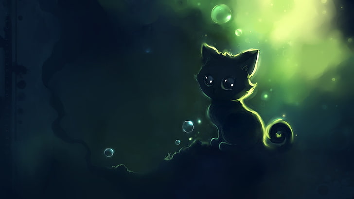 Cute Black Cat Anime, green color, dark, fantasy art, domestic