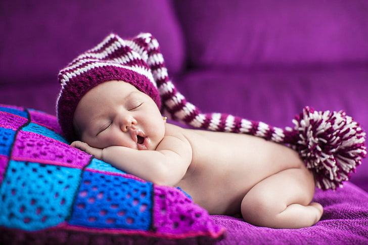 Cute Newborn Baby Girl Smiling, lying down, purple, innocence, toddler Free HD Wallpaper