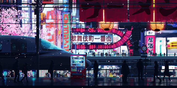 Cyberpunk Future, night city lights, art, japan, platform Free HD Wallpaper
