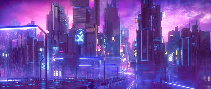 Cyberpunk Neon City, purple, illuminated, architecture, modern