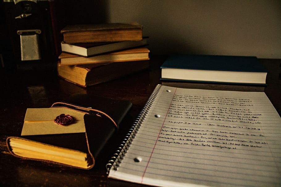 Desk with Books On Top, communication, vintage, no people, textbook Free HD Wallpaper