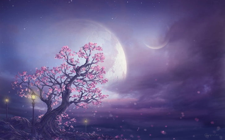 Full Moon Trees, full moon, fantasy, tranquility, flower Free HD Wallpaper