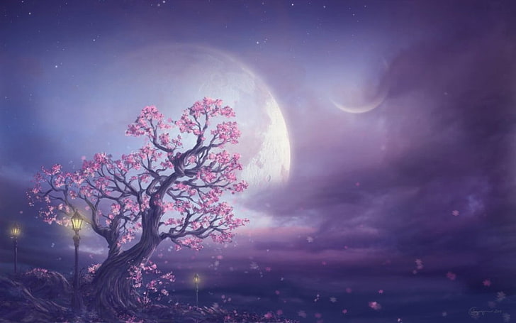 Full Moon Trees, full moon, fantasy, tranquility, flower