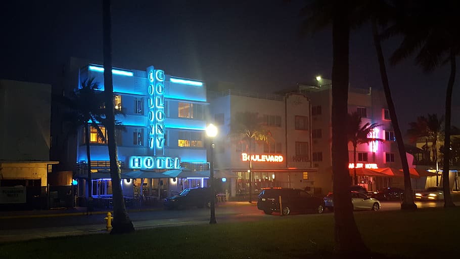 Hotels in South Beach Miami, illuminated, communication, street, night