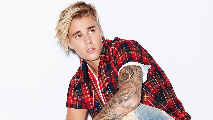 Justin Bieber Vevo, front view, plaid shirt, hair, indoors Free HD Wallpaper