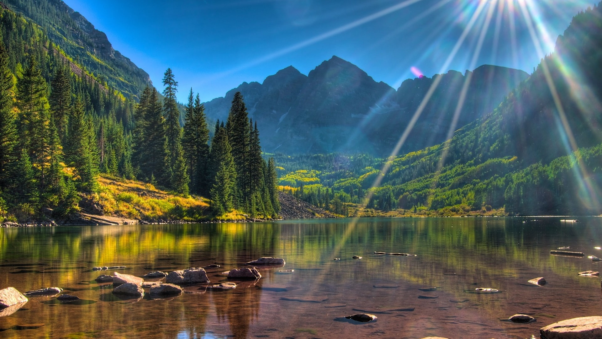 Maroon Bells Mountain, maroon lake, mountain, sunshine, sky