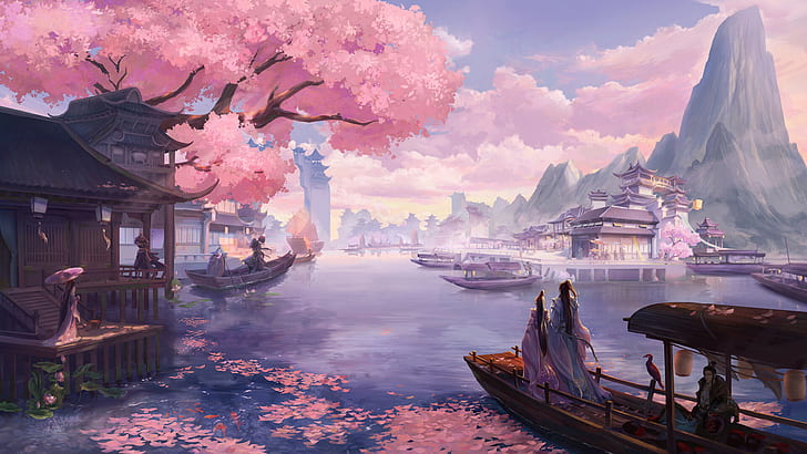 Pink Cherry Blossom Flowers, river, mountain, cherry tree, boat Free HD Wallpaper