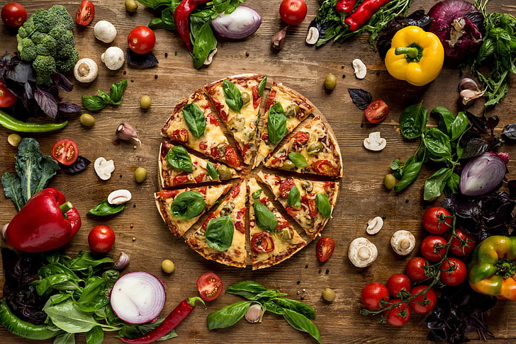 Pizza, wood  material, directly above, vegetarian food, spice Free HD Wallpaper