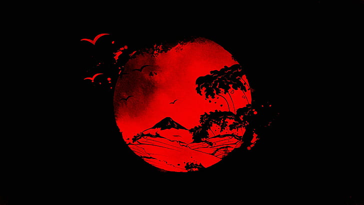 Red Moon Japanese Painting, planet  space, sun, studio shot, shape Free HD Wallpaper