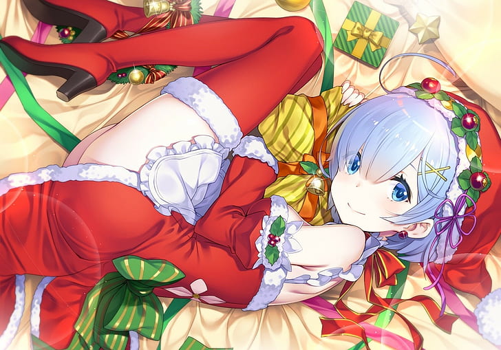 rem re zero, blue eyes, blue hair, christmas Free HD Wallpaper