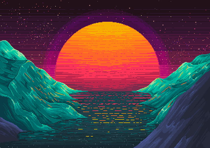 Retro Neon, pixel art, neon, sunset, digital art Free HD Wallpaper