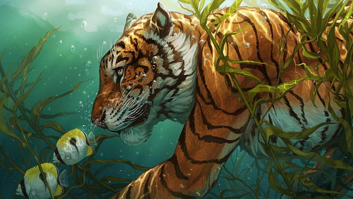 Tiger Digital Art, water, swimming, no people, underwater Free HD Wallpaper