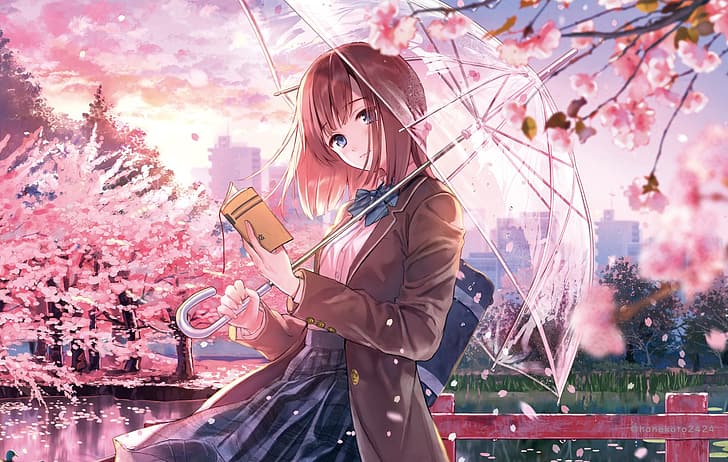 umbrella, cherry blossom, anime girls