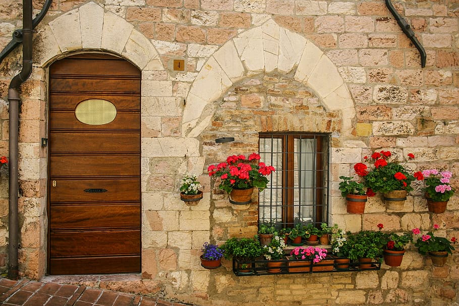 Walnut Front Door, old, plant, italy, brick