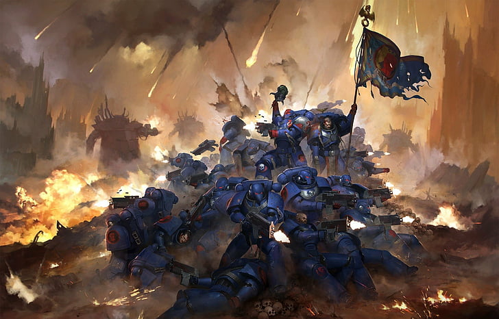 Warhammer Artwork, armor, flag, weapon, space marine Free HD Wallpaper