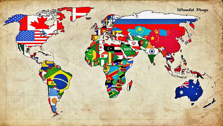 World Map with All Country Flags, indoors, human representation, day, creativity