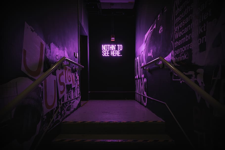 Aesthetic Computer Purple Neon, neon sign, stairs, interior, wall  building feature Free HD Wallpaper