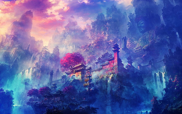 Beautiful Anime Scenery, dusk, chinese architecture, outdoors, building exterior Free HD Wallpaper