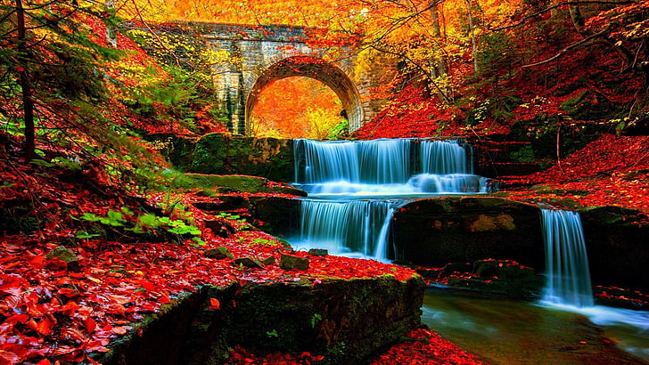 Beautiful Autumn Waterfalls, long exposure, bridge, flowing water, land Free HD Wallpaper