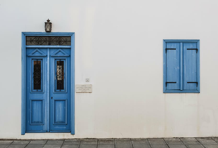 Blue House White Trim Red Door, wood  material, paralimni, protection, old Free HD Wallpaper