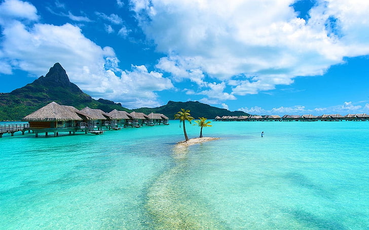 Bora Bora Island Tahiti, mountains, sea, turquoise, beach Free HD Wallpaper