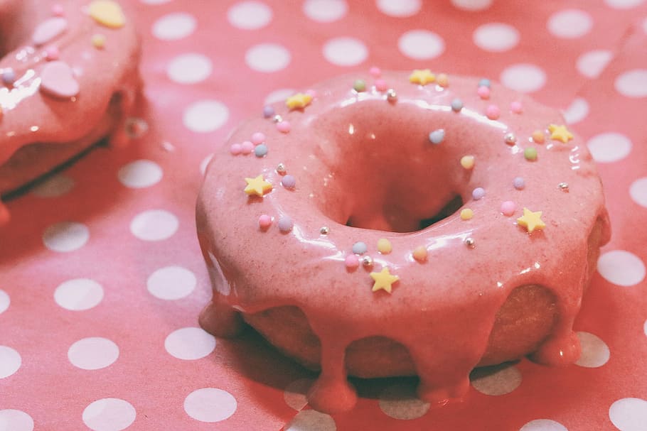 Box of Donuts, closeup, pink color, sweet, spotted