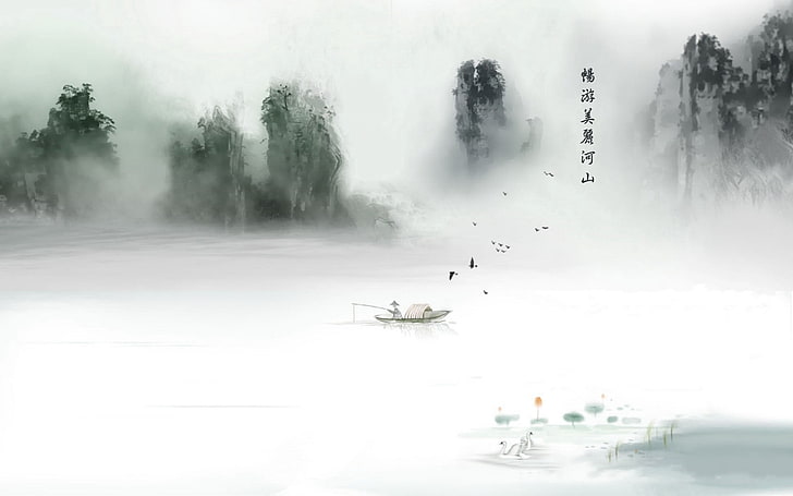 Chinese Art Painting, flying, artwork, water, tranquility