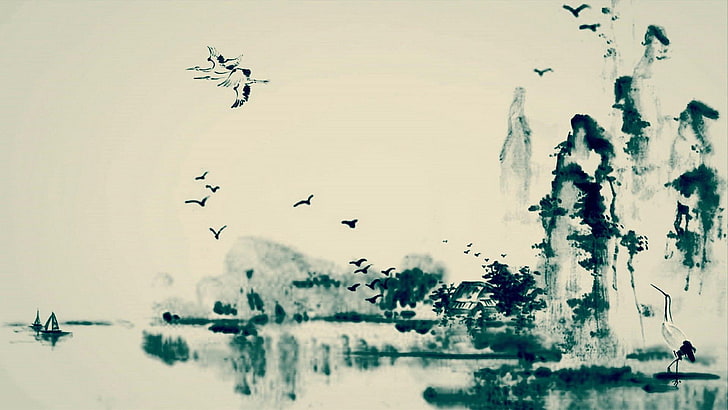 Chinese Landscape Painting Artists, flying, animal, bird, no people Free HD Wallpaper