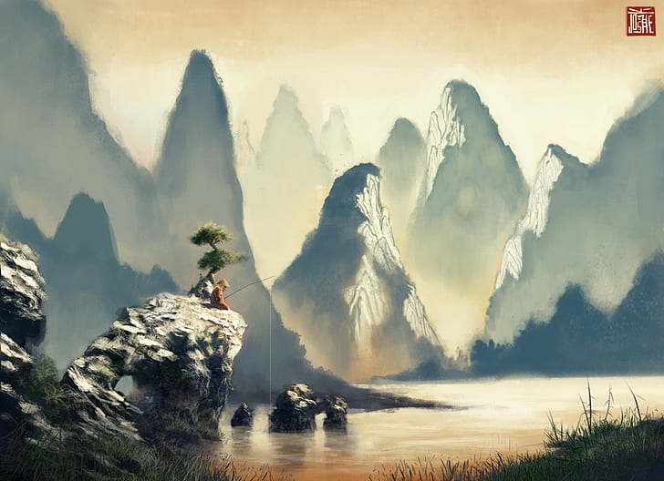 Chinese Mountains Landscape, traditional, Brush, chinese brush painting, fantasy Free HD Wallpaper