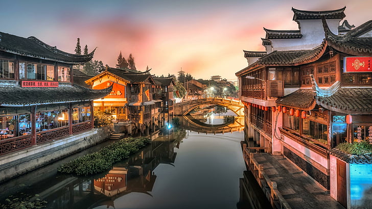 Chinese Old Town, tourist attraction, water town, puhui river, qibao Free HD Wallpaper