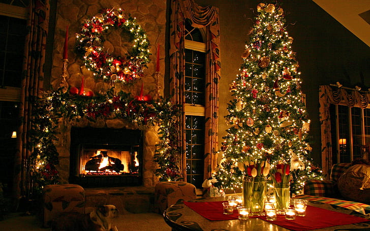 Country Christmas Fireplace, christmas, long exposure, christmas tree, christmas ornaments Free HD Wallpaper