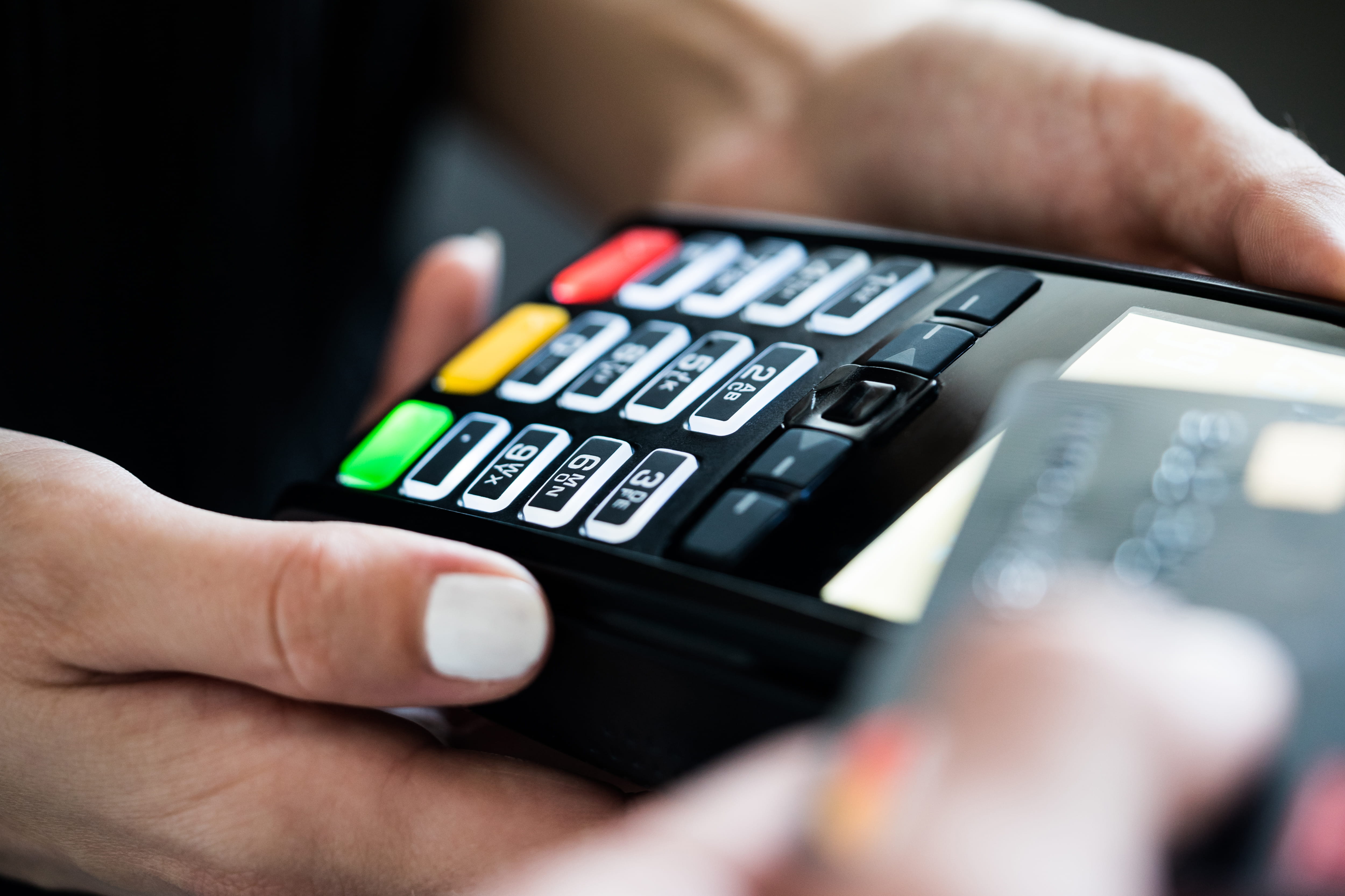 Credit Card Debt Free, closeup, selling, hand, eshop