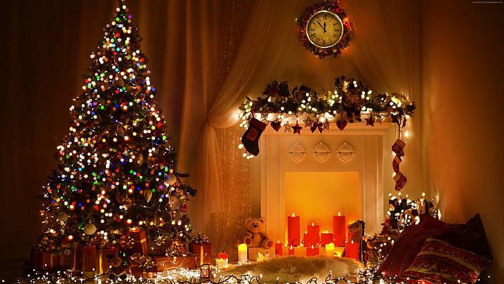 Fireplace Decorated Christmas, new year, christmas, firtree, 4K Free HD Wallpaper