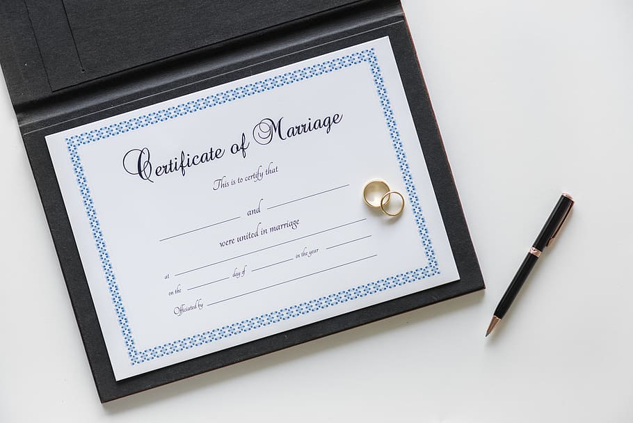 Free Printable Blank Marriage Certificates, high angle view, pen, gold, medical exam Free HD Wallpaper