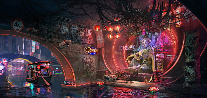 Futuristic Cyberpunk Digital Arts, buddha, chinese, fu chenqi, cyberpunk 2077