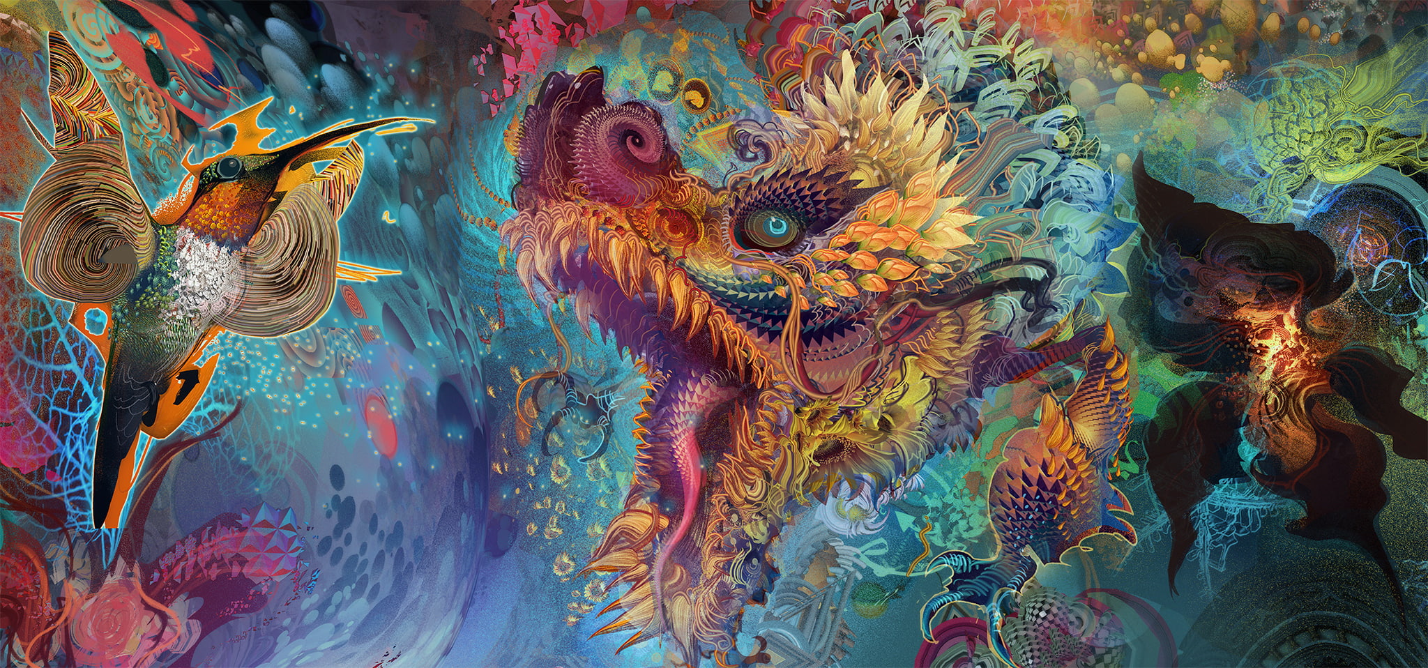 Geisha Android Jones, psychedelic, birds, dragon, trippy