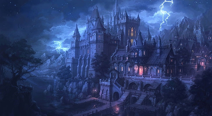 Gothic Castle Art Dark, illuminated, building, nature, cloud  sky Free HD Wallpaper