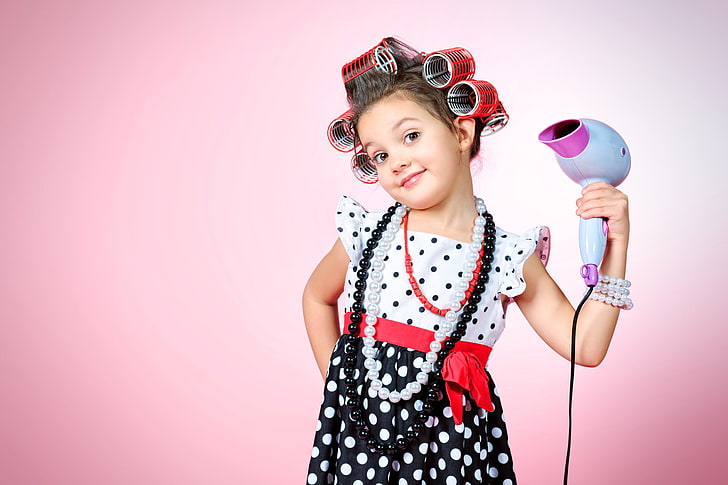 hairdryer, colored background, child, holding