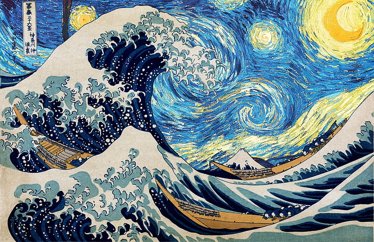 Hokusai Wave Van Gogh Starry Night, wave, paintings, waves, artwork Free HD Wallpaper