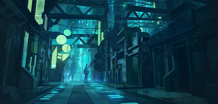 Illustration Artists, cyberpunk, building, city, neon lights Free HD Wallpaper