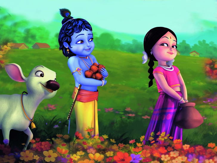 Lord Krishna Cartoon, cute, anime, bal radhe krishna Free HD Wallpaper